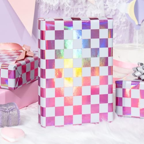 MAYPLUSS Pink Gift Wrapping Paper, 17in x 33ft Holographic Plaid Wrap