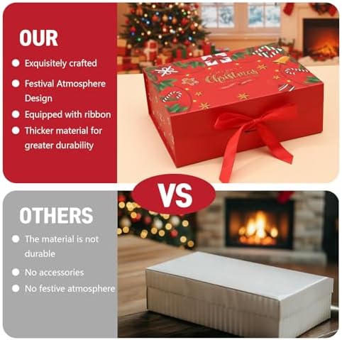 Dimore Christmas Magnetic Gift Boxes with Lids, Collapsible Hardboard Gift Packaging, Red & Green Holiday Boxes for Presents, 4 Pack (Multiple Sizes) (4Pack Christmas 9.5"*6.9"*4.2")