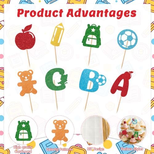 24Pcs Back to School Cupcake Toppers, Glitter First Day School Cake Decor