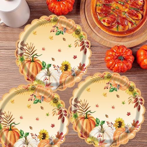 7 Inch Fall Paper Plates Disposable 40 Count Thanksgiving Pumpkin Party Plates, Heavy Duty Scalloped Dessert Plates for Autumn Party Supplies & Holiday Dinner Decorations