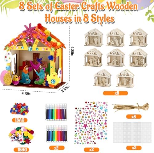 8Pcs Christian Easter Crafts Wooden House for Boy Girl & Adult, Religious Easter Activities DIY Kit with Jesus He Is Risen Egg Bunny, Spring Bible Art Gift for Basket Stuffers Party Favors Decor Bulk