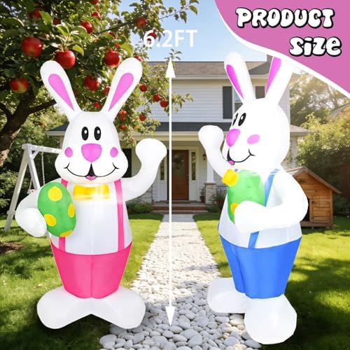 Set of 2PCS, 6.2FT H Lovely Spring Inflatable Bunnies Holding Easter Egg, Easter Bunny Blow up Yard Decorations Giant Bunny for Holiday Party Indoor Outdoor Decorations