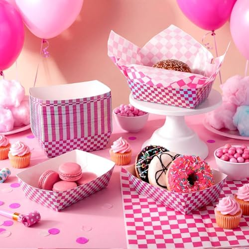 Geosar 100 Pcs Gingham Paper Food Tray with Wax Paper,Laser Fuchsia