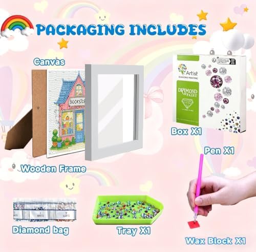 Bookstore Diamond Art Kit for Kids with Frame,DIY Crafts for Girls Boy
