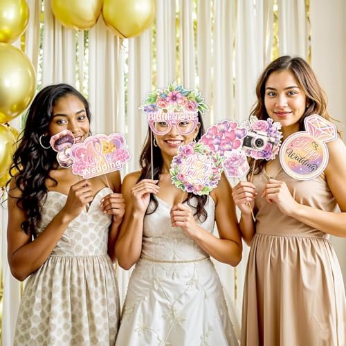 Wedding Photo Booth Props Kit, 30Pcs Romantic Watercolor Floral Handheld Cutouts, Funny Selfie Signs for Bridal Shower, Bachelorette, Engagement, Valentine's Day (Pink)