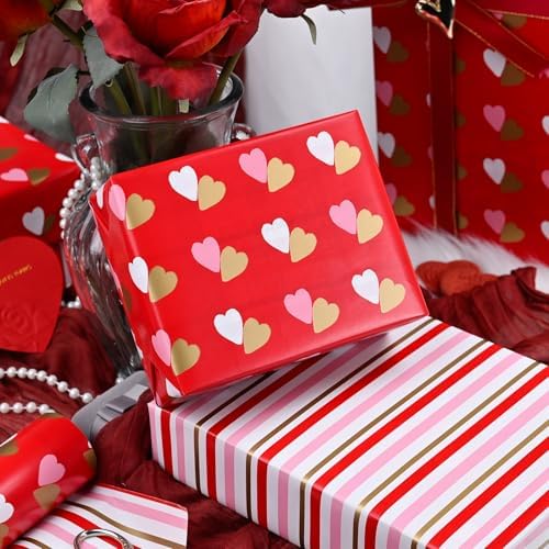 MAYPLUSS Reversible Valentine's Day Wrapping Paper Roll - 17 Inch X 33 Feet - Red Gold Foil Double Love Heart Design Lover Gift Wrap for Valentine’s Day, Birthdays, Wedding, Anniversaries and Holiday
