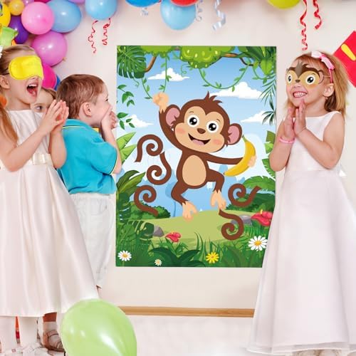Hooqict Safari Animal Party Games for Kids Birthday Pin The Tail on The Monkey for Jungle Birthday Decorations Wild Zoo Party Supplies, Large Safari Pin The Games Poster with 36 Tail Stickers