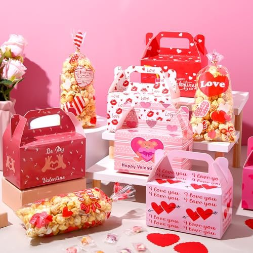 ReliThick 80 Pack Valentine's Day Treat Box with Cellophane Bags Heart Goodie Cookie Candy Boxes for Treats Valentine Gift Bag for Party(Chic)