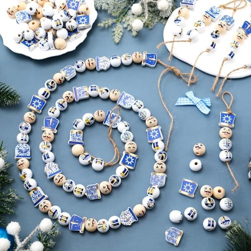 Cinnvoice 240 Pcs Holiday Wood Beads with Twine, Chinoiserie