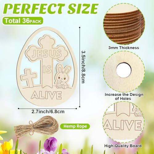 36PCS Wooden Easter Ornaments to Paint, Christian DIY Blank Unfinished Wood Egg Cutouts for Crafts Hanging Decorations Happy Easter Hallow Cross He is Risen Jesus is Alive Rabbit Religious Lily