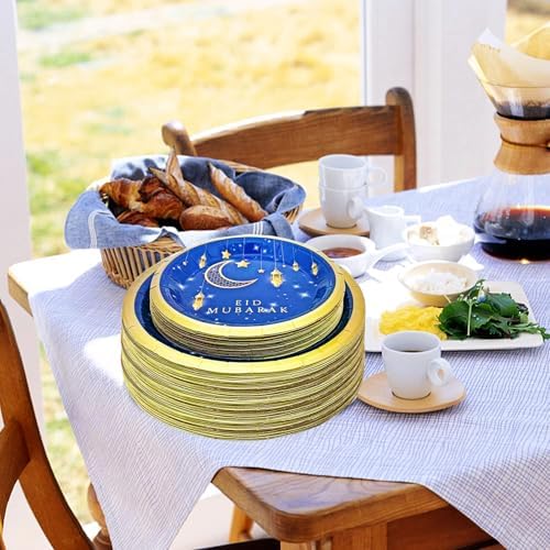 50Pcs Ramadan Eid Mubarak Party Supplies Bluk Ramadan Eid Mubarak Plates Set 9"Ramadan Dinner Plates 7"Blue and Gold Eid Mubarak Plates for Eid Al Adha Islamic Ramadan Birthday Decor Serves 25