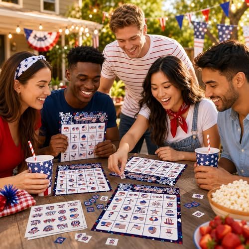 4th of July Bingo Game Cards, 24 Players Patriotic Bingo Cards, Fourth of July Bingos Game for Adults Outdoor Family Friends Student Large Group Activities Independence Day Party Favors Supplies