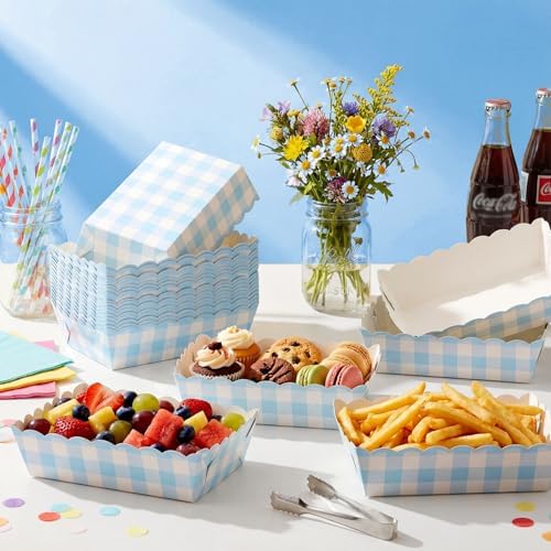 Funnymoom 48 Pcs Gingham Party Supplies Light Blue Plaid Paper Food Trays