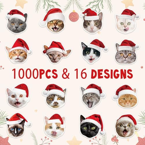H1vojoxo Christmas Cat Sticker Rolls - 1000PCS Christmas Cat Stickers for Kids 16 Designs Xmas Cute Cats Realistic Stickers for Craft Water Bottles Holiday Cute Cats Sticker for Envelopes Gift Decor