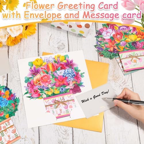 4 Pack Paper Flower Pop Up Cards, Flower Birthday Card Popup 3D Greeting Gift Cards for Mother's Day, Graduation, Anniversary, Get Well, Thank you Cards for All Occasions with Envelope and Note