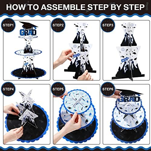 Nuenen Graduation Cupcake Holder Decoration 3 Tier Congrats Grad Party Cupcake Stand Tower Cardboard Grad Theme Dessert Stand for Graduation Party Supplies Favors(Blue and Black)