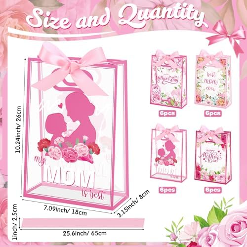 Capoda 24 Pack Mother's Day Bags with Handles, Large Floral Reusable PP Plastic Goodie Bags, Pink Rose Party Favor Bag for Mom Brunch, Classroom, Church, Candy Treats & Small Gifts