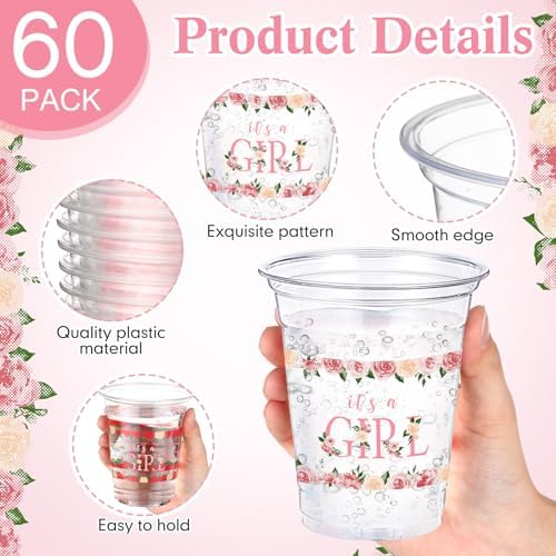 Funnymoom 60 Pack Floral Baby Shower Cups 12 oz It's a Girl Pink Floral Disposable Clear Plastic Drinking Cups for Baby Shower Gender Reveal Birthday Party Decorations Supplies