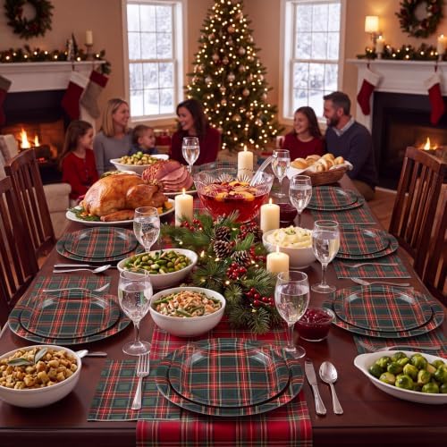 Yungyan 150 Pcs Red Green Plaid Plates Napkins Green Red Serves 50