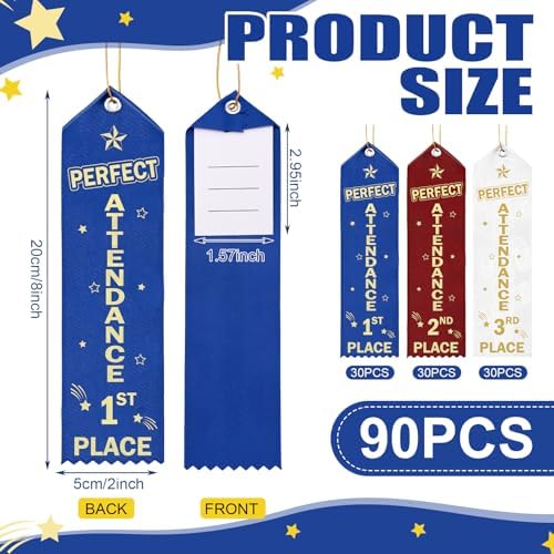 Thiccywoov 90 Pcs Perfect Attendance Ribbons for 1st, 2nd, 3rd Place, 8" x 2" Perfect Attendance Award Ribbons with Event Card and String for Competition Contests School Office Team Contest Ornaments
