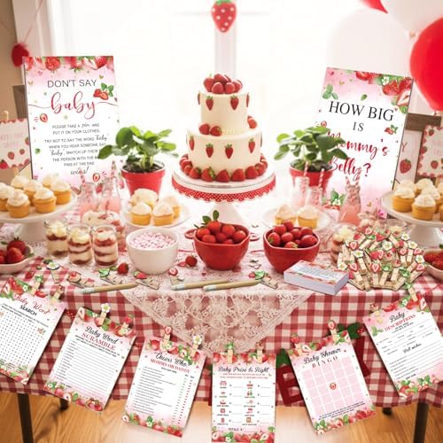 Funnymoom 426 Pcs Strawberry Baby Shower Games Set, 8 Games with Bingo