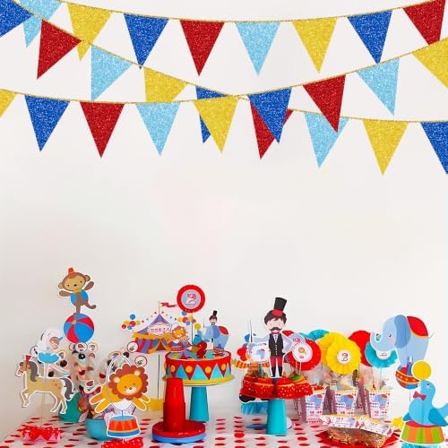 30Ft Carnival Circus Party Decorations Glitter Red Blue Yellow Pennant Banner Flag Triangle Bunting Garland Streamers for Carnival Birthday Circus Clown Graduation Dog Paw Party Decor Supplies