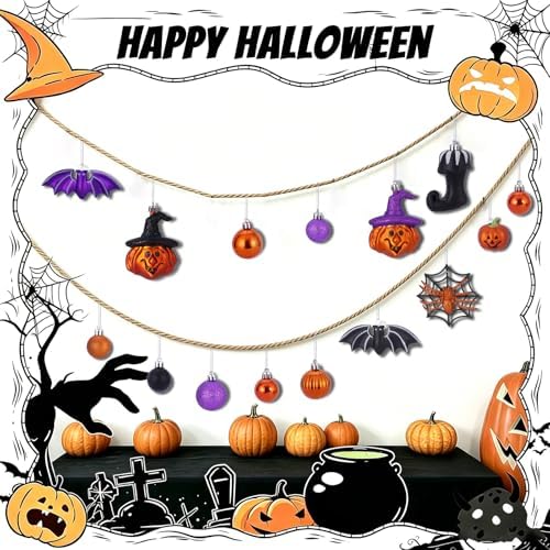 56pcs Halloween Hanging Ornaments for Tree Decorations, Shatterproof Plastic Hanging Halloween Ball Pendants with Pumpkin, Witches Hat Signs, Halloween Tree Decor Party, Holiday, Home (Multi New)