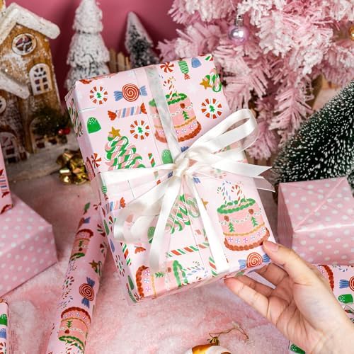 MAYPLUSS Christmas Wrapping Paper Roll - 17 In x 33 Feet - Cute Pink Christmas Candy Cane Cake Reversible Polka Dot Gift Wrap Paper for New Year, Holiday, Kids