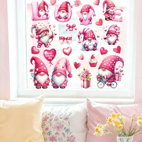 Whaline 9 Sheets Valentine' s Day Window Clings Cute Pink Love Gnome Heart Window Decal Reusable Anti-Collision Windows Decor for Wedding Anniversary Home Party Supplies