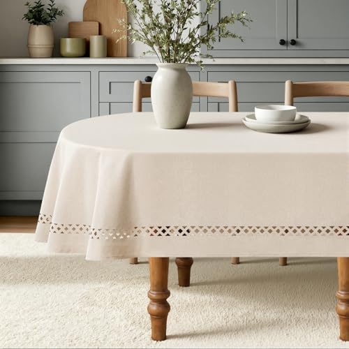 MIULEE Beige Oval Tablecloth with Decorative Cutouts 60x84 Inch