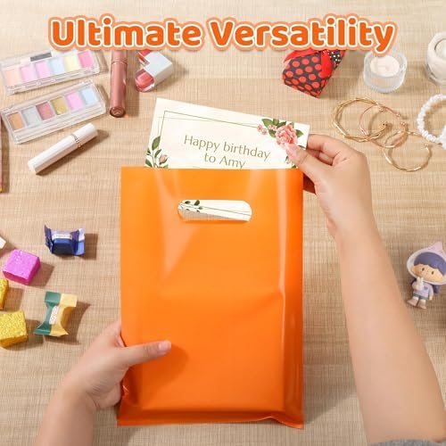VieFantaisie 50 PCS Orange Party Favor Bags, 8" x 11" Goodie Bags for Candy Treat Craft Easter Egg, Plastic Gift Bag with Die Cut Handles for Birthday Party, School Events & Small Business, Wedding