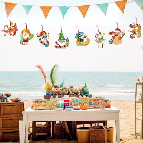 JUNEBRUSHS 32 Pcs Summer Christmas Craft Sticker, Santa Snowman Tropical Christmas Hanging Party Cardboard Stickers Decoration for Christmas Home Pool Beach Activities