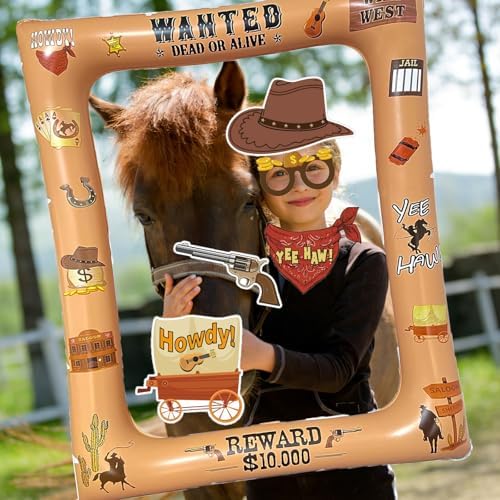 16 Pcs Western Cowboy Photo Booth Props with Inflatable Selfie Frame, Wild West Themed Party Decoration for Country Rustic Cowboy Party Selfie Supplies