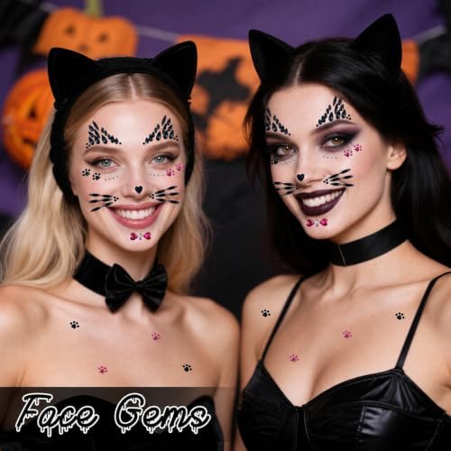 Voiiake Crystal Cat Face Gems Stickers, 2-Sheet Cat Print Gem Jewels, Black Cat Costume Women Accessories for Halloween Makeup