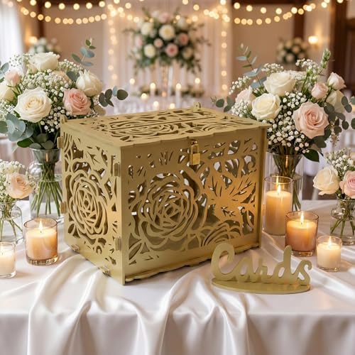 Jolik DIY Wedding Card Box, Large Rustic Locking Money Box Holder for Wedding Reception, Gift Card & Envelope Storage, Anniversary & Birthday Party Decoration, Bridal or Baby Showers (Gold)