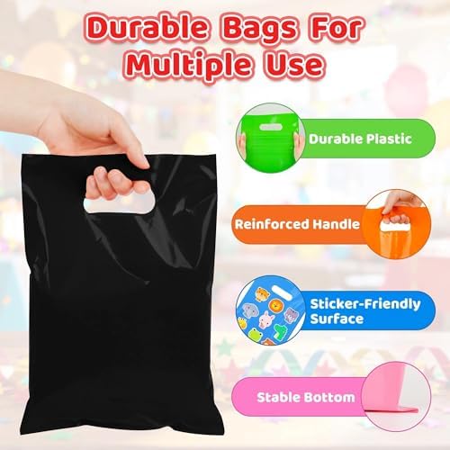 VieFantaisie 50 PCS Black Party Favor Bags, 8" x 11" Goodie Bags for Candy Treat Craft Easter Egg, Plastic Gift Bag with Die Cut Handles for Birthday Party, School Events & Small Business, Wedding