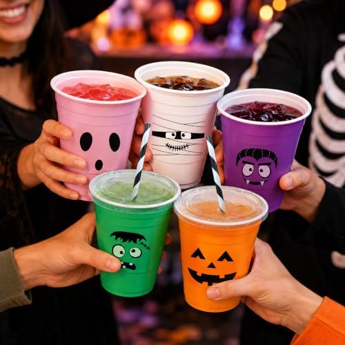 Halloween Plastic Cups with Lids & Straws for Trick or Treat Party Supplies
