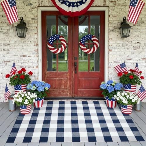 SEEKSEE Buffalo Plaid Rug 4' x 6' Navy Blue and White Large Front Door Mat, Layering Area Rug, Washable Rug for Outdoor Patio Entryway Indoor Living Room Kitchen Dining Room Decor