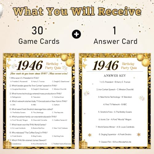 30Pcs 80th Birthday Game Cards, 1946 Quiz & Guess the Price Game