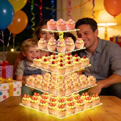 YestBuy 5 Tier Cupcake Stand for 60 Cupcakes with Yellow Lights