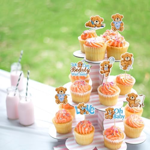 24Pcs Blue Baby Bear Cupcake Toppers We Can Bearly Wait Cupcake Picks Teddy Bears Food Picks for Blue Baby Shower Boys Bearly Birthday Cupcake Decorations Bears Party Decorations Supplies