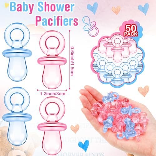 Thyle 51 Pcs Bear Pacifier Hunt Baby Shower Games Include Hunt Sign and 50 Acrylic Pacifiers for Pink and Blue Baby Shower Game Decoration Sets Gender Reveal Newborn Announcement Party Decor