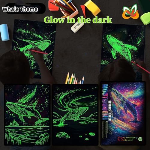Georgie Porgy Scratch Paper Art Set for Kids Adults Magic Rainbow Scratchboards for DIY Arts and Crafts Kits Christmas Birthday Gift with Scratching Tools Kit (A4-Noctilucent Whale + Sea World)
