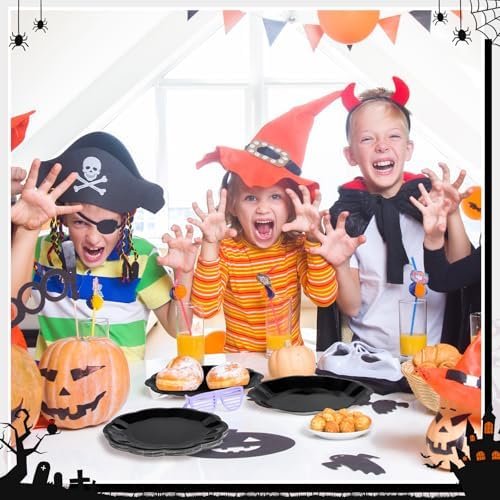 NatNarr 30 Pcs Black Paper Plates, 9 Inch Scalloped Halloween Dinner Plate