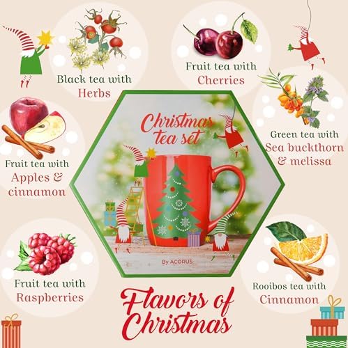 ACORUS Christmas Tea Set, Herbal Fruit Tea Gift Set, 60 Assorted Tea Bags Variety Pack, Herbal Tea and Fruit Tea Sampler, Specialty Tea Bags Individually Wrapped, Tea Gifts for Women, Men, Tea Lovers