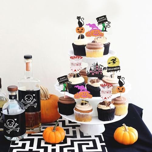 Ercadio 30Pcs Happy Halloween Cupcake Toppers Witch Pumpkin Black House Bats Cats Cupcake Picks for Gender Reveal Halloween Birthday Cupcake Decorations Halloween Party Supplies