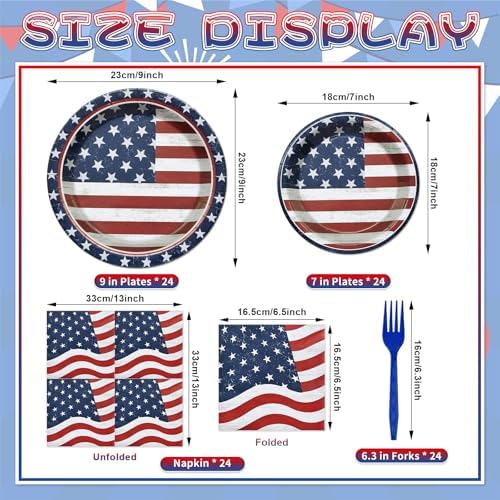 96 Pieces 4th of July Tableware Set – American Flag Disposable Plates, Napkins and Forks, Patriotic Stars and Stripes Party Supplies for Independence Day, Memorial Day and Veterans Day Decorations