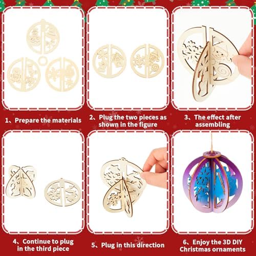 Chunful 72 Pcs DIY Christmas Wood Crafts to Paint 3D Unfinished Wooden Ornaments Christmas Hanging Cutouts Blank Hollow Wood Winter Snowflake House Holiday Wooden Slice for Xmas Tree Decorations