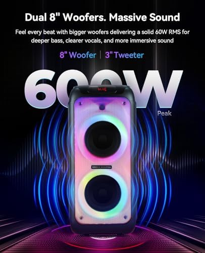 GKD80 Karaoke Machine for Adults with 2 Wireless UHF Microphone, 600W Peak Bluetooth Speaker with Dual 8'' Subwoofers, Portable Party Speaker with RC/Wheels for Singing/Outdoor Events/Speaking
