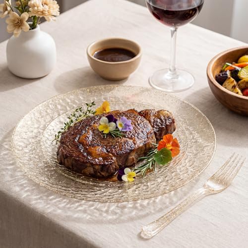 Rubtlamp 350 Pcs Gold Glitter Plastic Plates, Hammered Disposable Plates Set (50 Guests), Glitter Dinnerware Set Include 100 Plastic Plates, 150 Glitter Silverware, 50 Cups And 50 Napkins
